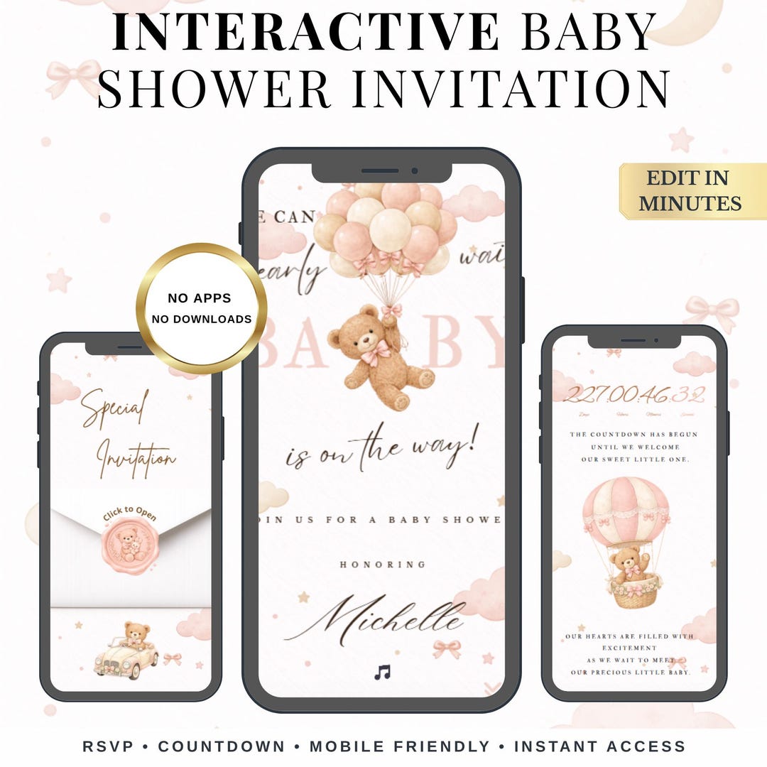 Animated Balloon Teddy Bear Baby Shower Invitation | Pink Girl Baby ...