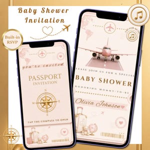 May include: Two smartphones displaying a digital baby shower invitation with a travel theme. The screens feature a pink airplane, a gold compass, a suitcase, and text including "Passport Invitation," "Baby Shower," and "Olivia Johnson."