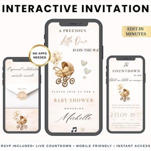 Może przedstawiać: Interaktywne zaproszenie na baby shower wyświetlane na trzech smartfonach. Projekt przedstawia zabytkowy wózek dziecięcy, balony i tekst "A Precious Little One is on the Way." Zawiera odliczanie na żywo i RSVP.