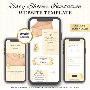 May include: A digital baby shower invitation template displayed on three smartphones. The design features a soft yellow and white striped background with floral and lemon accents. Text includes "Baby Shower Invitation" and "RSVP Included."