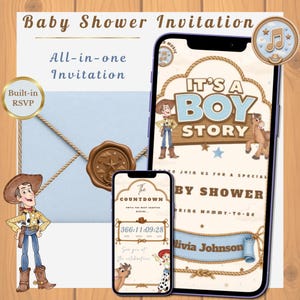 May include: A digital baby shower invitation featuring a cowboy theme with characters Woody and Bullseye. The invitation displays the text It's a Boy Story, includes a countdown timer, a built-in RSVP feature, and a light blue envelope with a wax seal.