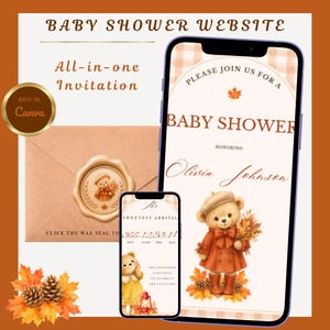Invitación clásica para baby shower con osito de peluche y confirmación de asistencia / Evite interactiva / Invitación digital editable en Canva con temática otoñal de osito de peluche