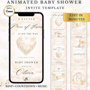 Puede incluir: Plantilla de invitación animada para baby shower. El diseño presenta un teléfono inteligente que muestra una invitación para baby shower con el texto "A Little Piece of Heaven is on the Way". Se muestran diseños de invitación adicionales a la derecha.
