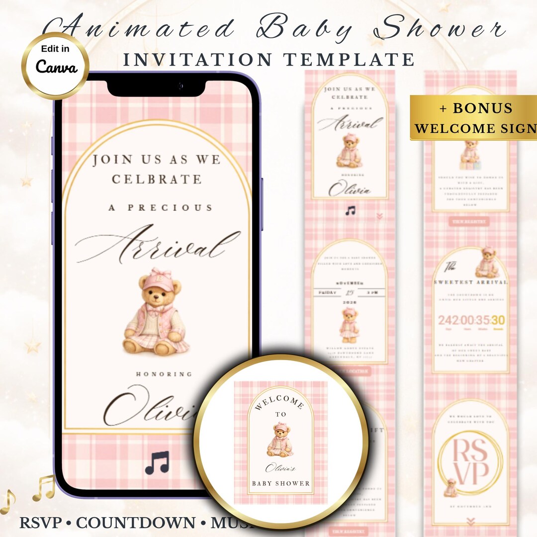 Animated Polo Bear Baby Shower Invitation | Pink Polo Teddy Bear Canva ...