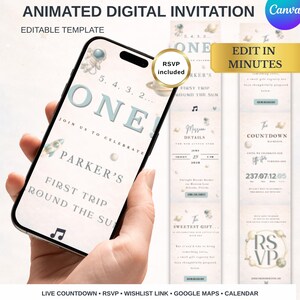 May include: A smartphone screen shows a digital invitation with a space theme. The invitation features the text "ONE!" and "First Trip Round the Sun." Additional panels display RSVP details and a countdown. The Canva logo is in the upper right corner.