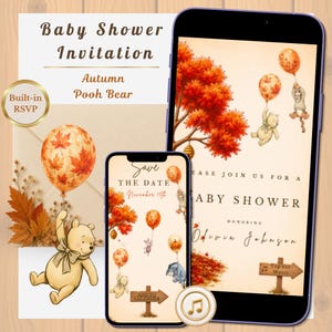 Pode incluir: Um convite digital para chá de bebê com o Ursinho Pooh, folhas de outono e balões laranja. O design inclui o texto Baby Shower Invitation, Save The Date e Tap for Music. O layout é exibido em duas telas de dispositivos móveis.