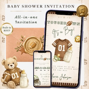 Invitación para baby shower de fútbol americano / Invitación digital interactiva "Touchdown It's a Boy" / Sitio web para baby shower "Little MVP" con confirmación de asistencia / Cuenta regresiva