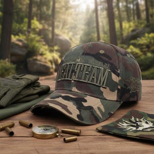 Op de afbeelding: Camouflage baseballpet met de tekst "SEAL TEAM" in groen geborduurd. De pet is omgeven door accessoires met militair thema, waaronder handschoenen, een kompas en hulzen. De pet heeft een gebogen klep en een gestructureerde kroon.