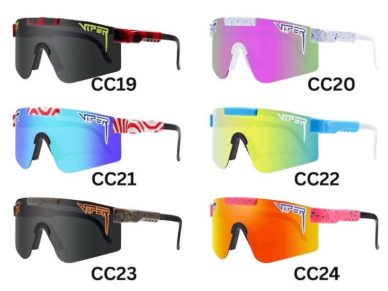 May include: Collection of six sunglasses with a wraparound design. The sunglasses feature various frame and lens colors, including black, blue, pink, and yellow. Each pair has the brand name "Viper" printed on the lens.