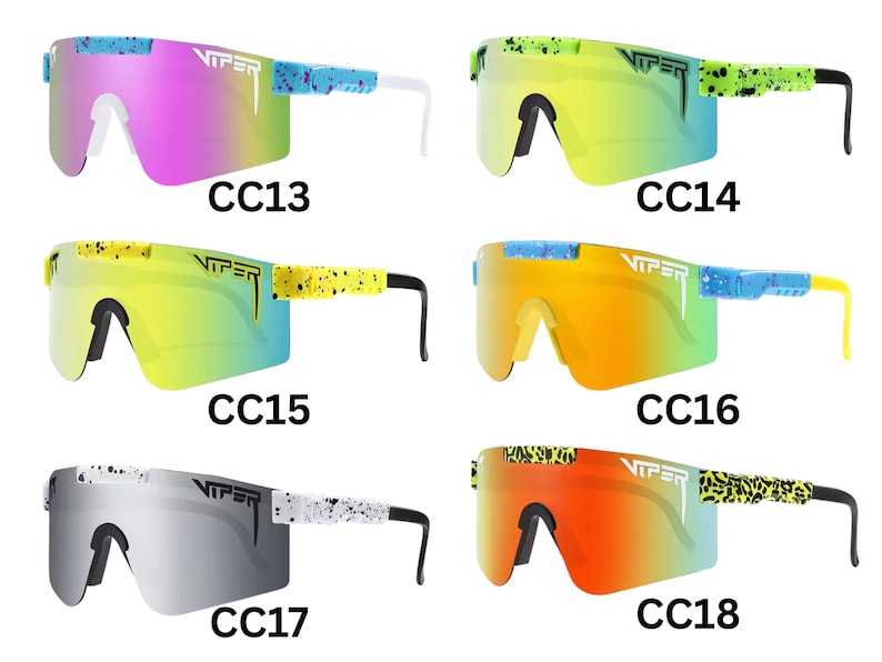 May include: A collection of Viper sunglasses in various color combinations. The sunglasses have a shield-style design with colorful lenses and patterned arms. Each pair is labeled with a "CC" code, such as CC13, CC14, CC15, CC16, CC17, and CC18.