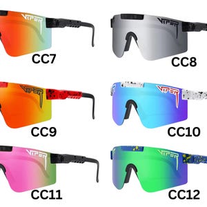 May include: Collection of six pairs of Viper sunglasses, each with a unique lens color and frame design. The lenses include shades of red, silver, blue, pink, and green. Each pair has the text "VIPER" printed on the lens.