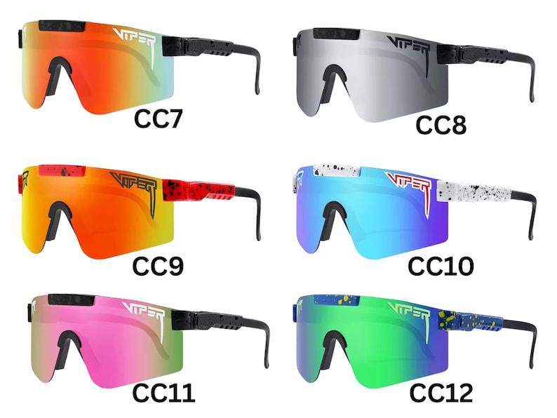 May include: Collection of six pairs of Viper sunglasses, each with a unique lens color and frame design. The lenses include shades of red, silver, blue, pink, and green. Each pair has the text "VIPER" printed on the lens.