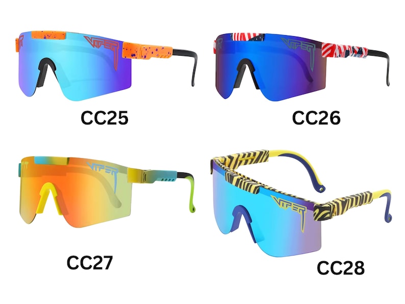 May include: Four pairs of Viper sunglasses with mirrored lenses. Styles include blue, orange, and yellow frames with various patterns, including an American flag design and a zebra print. Each pair is labeled with a "CC" code.