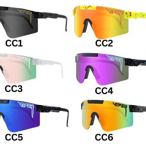 May include: A collection of six pairs of Viper sunglasses, each with a unique color scheme. The sunglasses feature a wraparound design with a single lens and a bold, sporty aesthetic. The frames and lenses come in various colors, including black, yellow, pink, purple, and blue.
