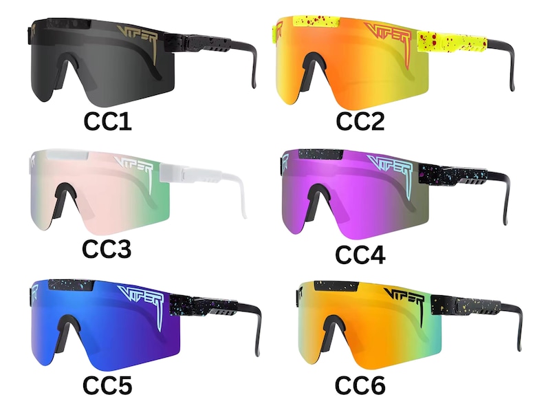 May include: A collection of six pairs of Viper sunglasses, each with a unique color scheme. The sunglasses feature a wraparound design with a single lens and a bold, sporty aesthetic. The frames and lenses come in various colors, including black, yellow, pink, purple, and blue.