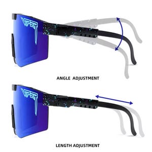 May include: Blue-tinted sunglasses with a black frame and a speckled design. The image shows angle and length adjustment options. The text on the lens reads "Viper".