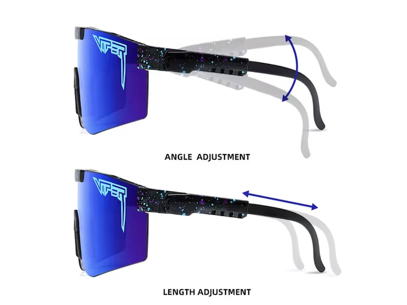 May include: Blue-tinted sunglasses with a black frame and a speckled design. The image shows angle and length adjustment options. The text on the lens reads "Viper".
