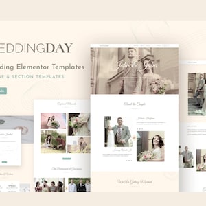 Op de afbeelding: Een website template ontwerp voor bruiloften, met de tekst "WEDDINGDAY" en "Wedding Elementor Templates". Het ontwerp bevat voorbeeldpagina's met foto's van stellen, bloemstukken en huwelijksdetails. Het kleurenschema is zacht en elegant.