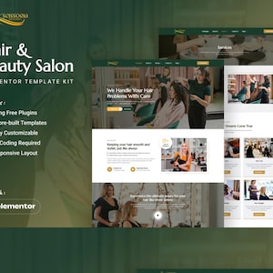 May include: A website template kit for a hair and beauty salon, featuring a green and white design. The kit includes 15 pre-built templates, is fully customizable, and requires no coding. The website showcases images of salon services and staff.