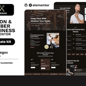 May include: A website template kit for a salon and barber business. The design features a dark colour scheme with images of haircuts and barber services. The text includes "Salon & Barber Business Elementor" and "Easy to Customise."