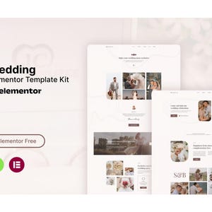 May include: A website template kit for weddings, featuring a clean, modern design with images of couples and wedding details. The text includes "Wedding Elementor Template Kit" and "Elementor Free."