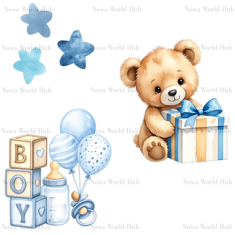 Blue Watercolor Teddy Bear PNG Clipart Bundle – Baby Boy Shower Nursery ...