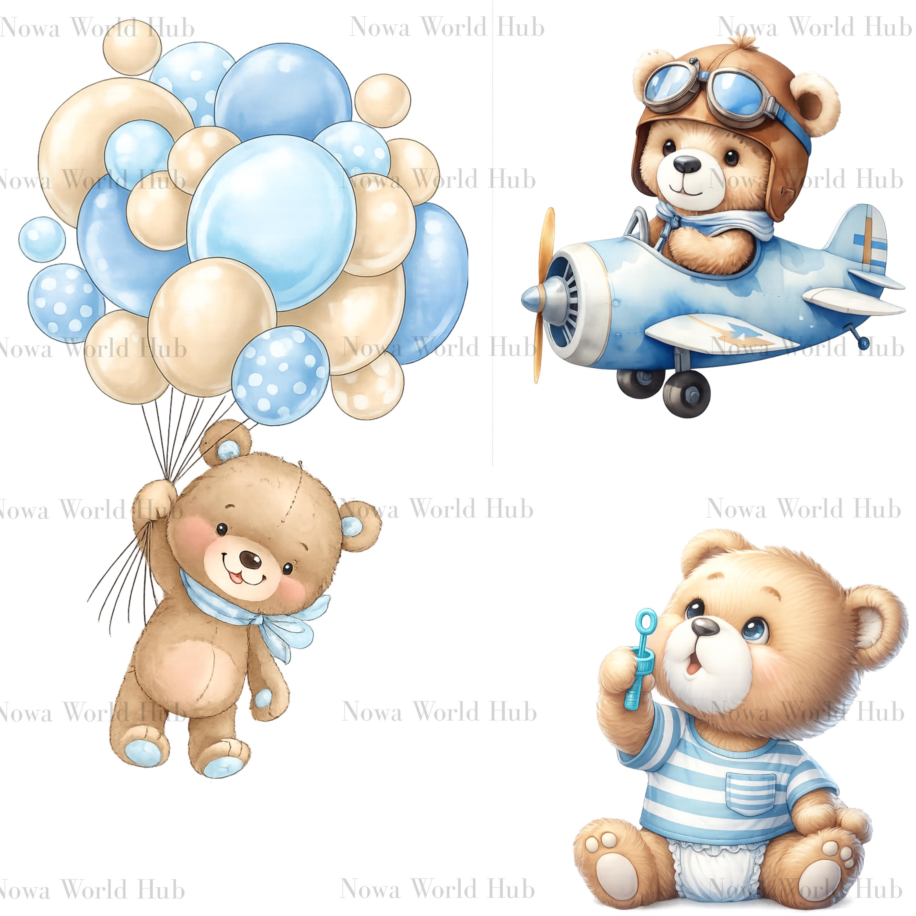 Blue Watercolor Teddy Bear PNG Clipart Bundle – Baby Boy Shower Nursery ...