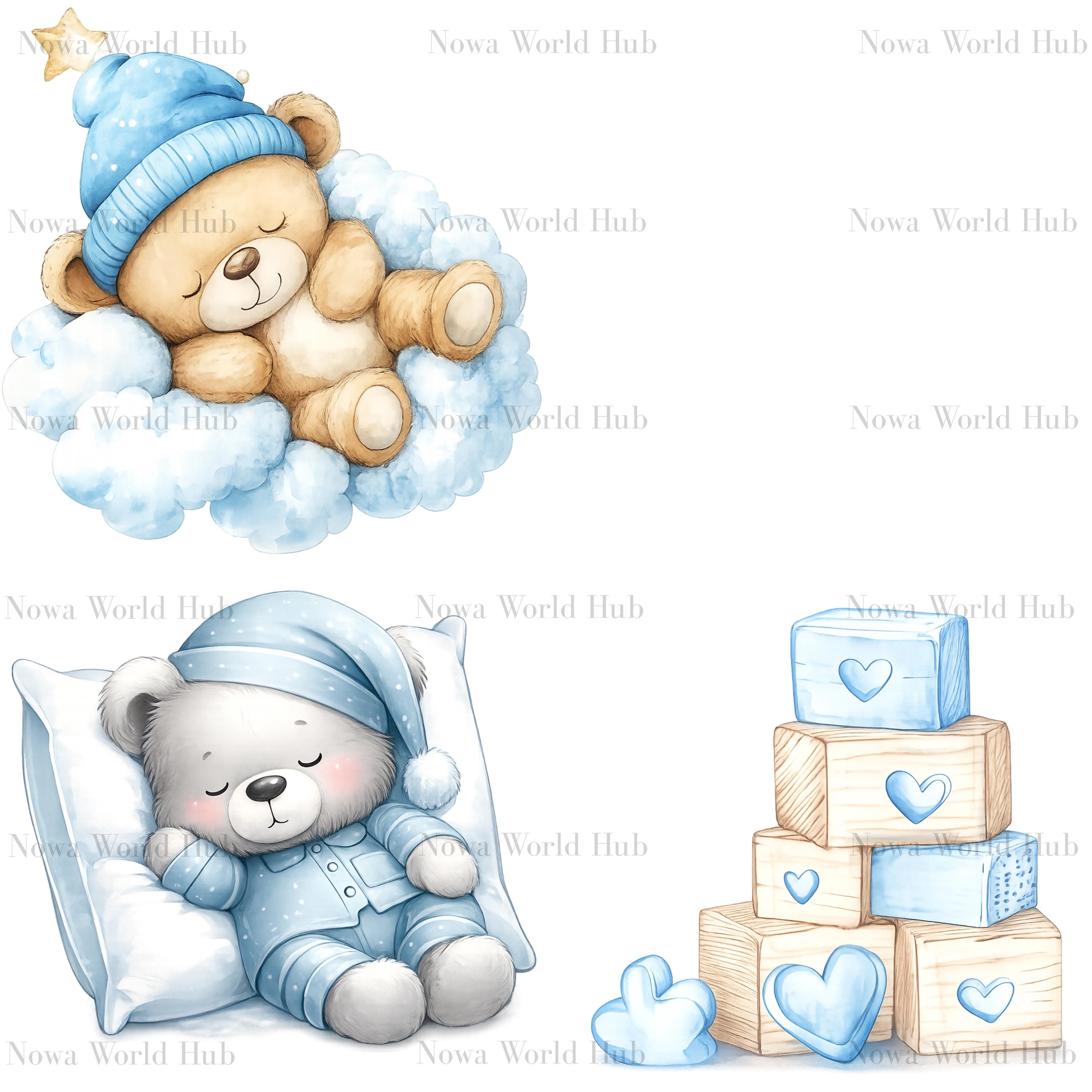 Blue Watercolor Teddy Bear PNG Clipart Bundle – Baby Boy Shower Nursery ...