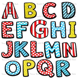 Può includere: Lettere dell'alfabeto colorate dalla A alla R, ognuna con un motivo unico. Le lettere presentano strisce rosse e bianche, pois, zig-zag blu e macchie gialle, il tutto delineato in nero.