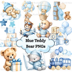 May include: Watercolor illustrations of blue teddy bears in various poses, including a bear in a hot air balloon, a bear in a plane, and a bear with a gift. The text "Blue Teddy Bear PNGs" is also present.