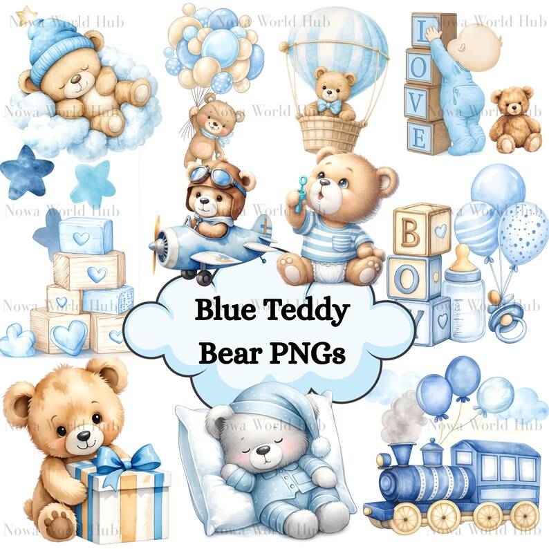 Blue Watercolor Teddy Bear PNG Clipart Bundle – Baby Boy Shower Nursery ...