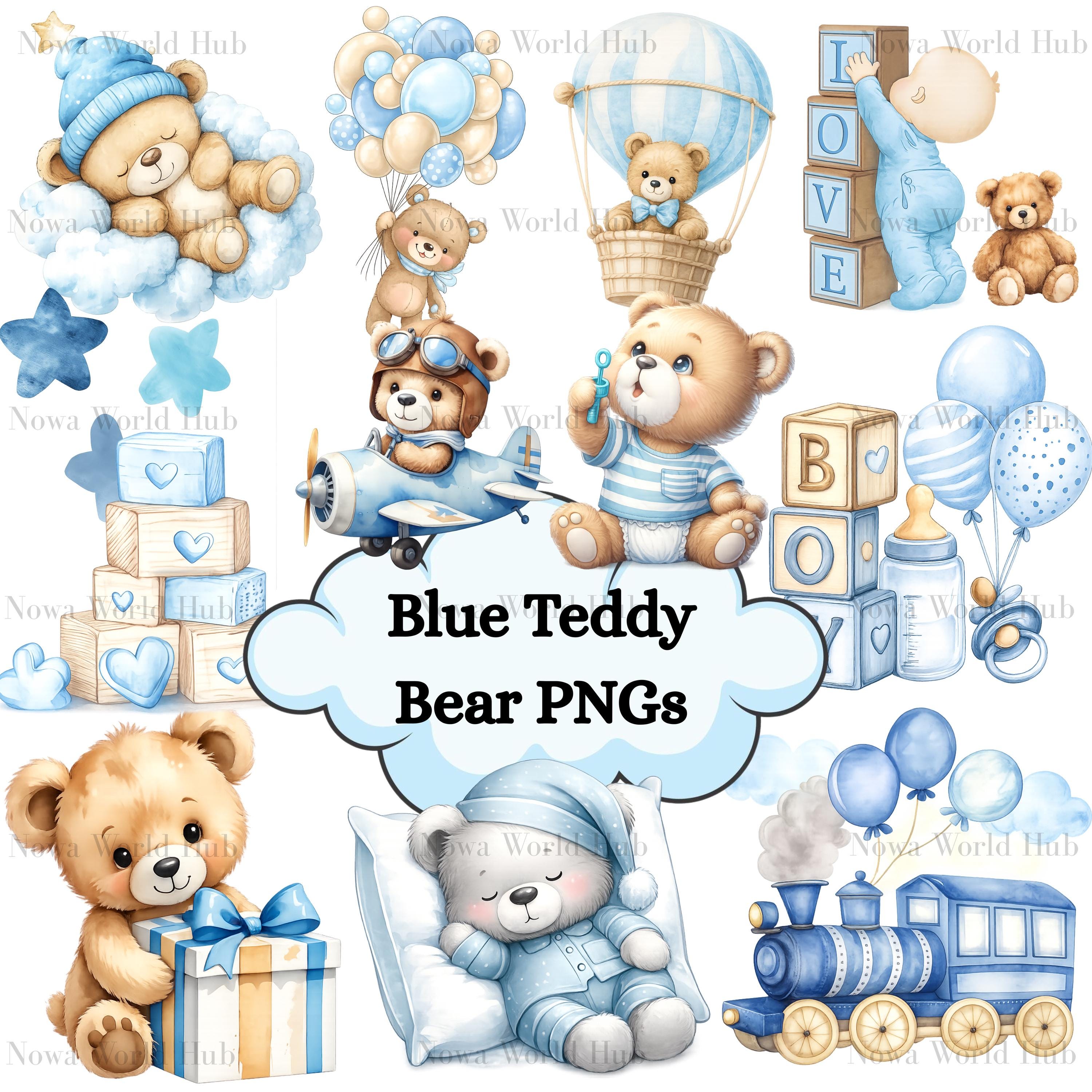 Blue Watercolor Teddy Bear PNG Clipart Bundle – Baby Boy Shower Nursery ...