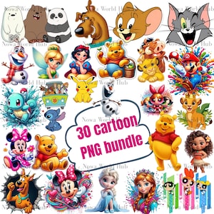 Puede incluir: Una colección de 30 imágenes PNG de dibujos animados con varios personajes, incluyendo Winnie the Pooh, Mickey Mouse y personajes de Disney. Las imágenes son coloridas y vibrantes, con un fondo blanco.