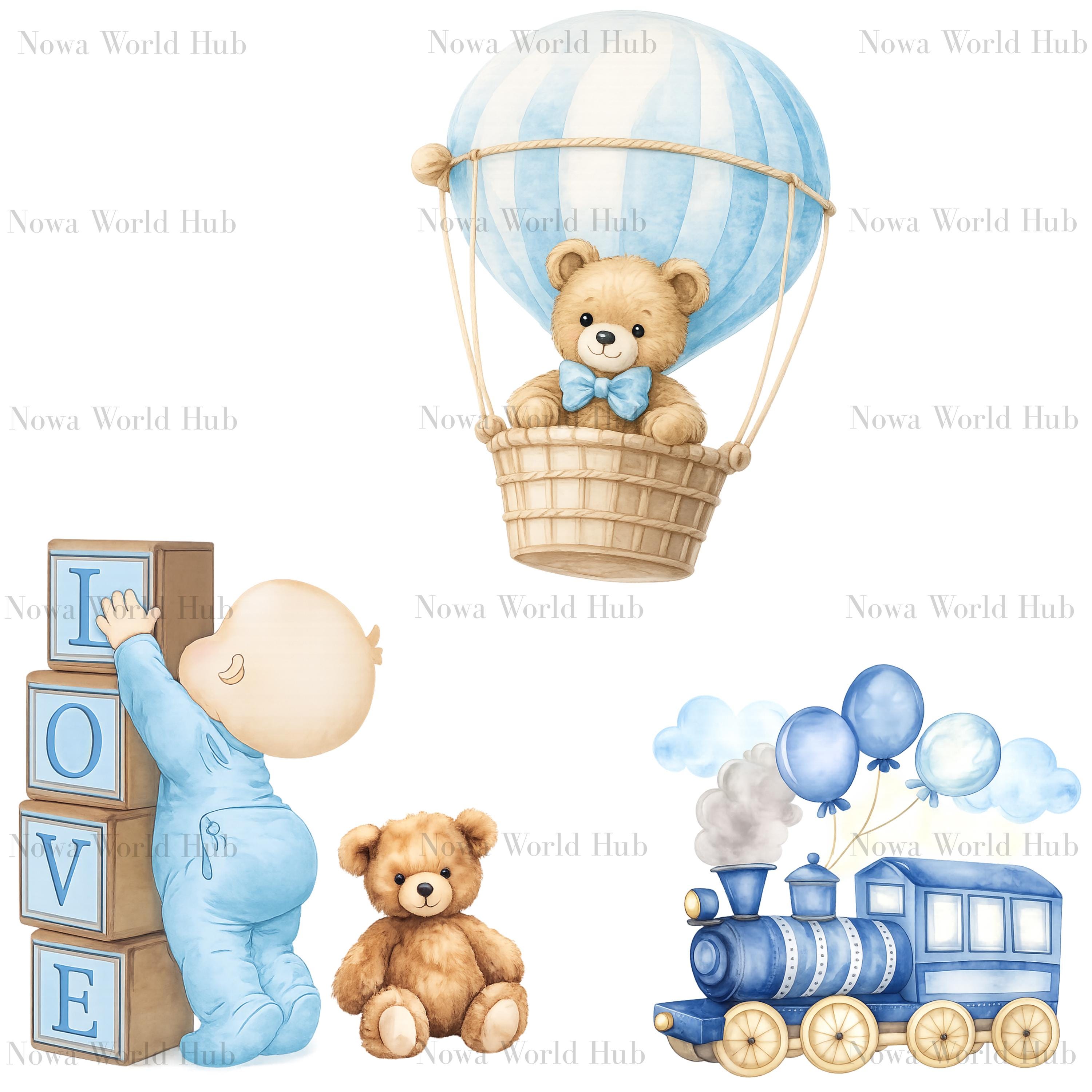 Blue Watercolor Teddy Bear PNG Clipart Bundle – Baby Boy Shower Nursery ...