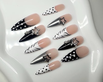 Y2K Rockstar Press On Nails | Black French Tips, Zebra Print, Polka Dots, Chrome Nails, Star Charms, Reusable Press On Nails