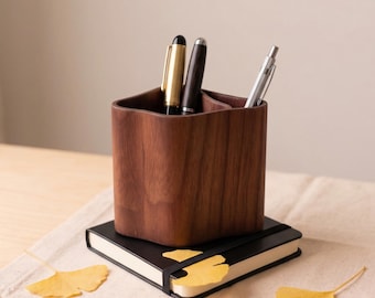 Ginkgo Leaf Wooden Pen Holder - Handmade Minimalist Walmut Pencil Cup - Handmade Wood Office Accessory