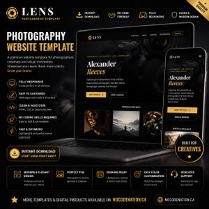 May include: A black and gold photography website template displayed on a laptop and smartphone. The template features the text "Photography Website Template" and "Lens Photography Template". The design is described as fully responsive, easy to customize, and clean.