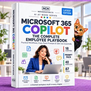 Könnte beinhalten: Ein weißes Buch mit dem Titel Microsoft 365 Copilot The Complete Employee Playbook, das eine Person im blauen Blazer an einem Laptop, eine Katze im schwarzen Kapuzenpullover sowie Symbole für Outlook, Teams, Word, Excel, PowerPoint und Copilot Chat zeigt.
