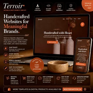 Puede incluir: Anuncio de una plantilla de sitio web para artesanos y negocios de artesanía. La imagen presenta una computadora portátil y un teléfono inteligente que muestran un diseño de sitio web, con el texto "Sitios web hechos a mano para marcas significativas."