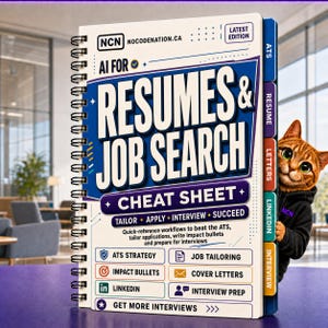May include: A spiral-bound guidebook titled AI FOR RESUMES & JOB SEARCH CHEAT SHEET with blue and white text. It features tabbed sections for ATS, RESUME, LETTERS, LINKEDIN, and INTERVIEW, with a small brown cat peeking from the side of the book.
