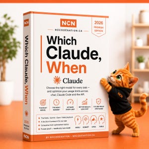 May include: A white book titled Which Claude, When with orange text and logos, featuring the NCN brand and 2026 Premium Edition label. Beside the book stands a small orange tabby cat wearing a black hoodie with NCN printed on the sleeve.