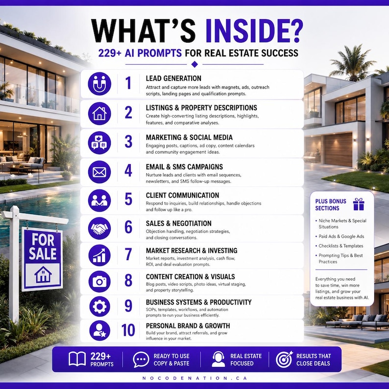 AI Real Estate Playbook | 229 AI Prompts for Realtors | Listings, Lead Gen, Social Media Marketing | Editable PDF Instant Download image 2