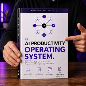 May include: A hardback book titled "The AI Productivity Operating System." The cover is white with blue and black text and graphics. The book's spine reads "The AI Productivity Operating System." The book includes 8 modules, 60+ frameworks, 120+ templates, and 50+ templates & worksheets.
