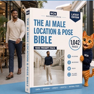 May include: A large white book titled The AI Male Location & Pose Bible with blue text, featuring a 1000 prompt pack, 1042 pages, and icons for 50 locations, 8K resolution, and full-body portraits. The cover displays a man in a museum setting.