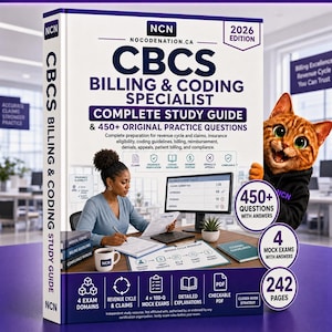 May include: A 2026 edition CBCS Billing & Coding Specialist complete study guide book with a white cover featuring dark blue text, a graphic of a person working at a desk, and an orange cat mascot. The book includes 450+ practice questions.