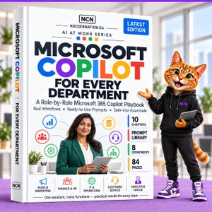 May include: A white book titled Microsoft Copilot for Every Department, A Role-by-Role Microsoft 365 Copilot Playbook. The cover features a woman in a green blazer, a cat character in a black hoodie, and icons for various departments.