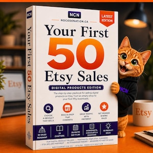 May include: A white book titled Your First 50 Etsy Sales Digital Products Edition with orange and blue text. An orange tabby cat in a black hoodie stands beside the book. The cover features icons for sales, shops, traffic, and reviews.