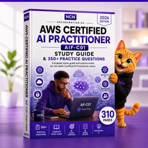 May include: A 2026 edition AWS Certified AI Practitioner AIF-C01 study guide book with 310 pages and 350+ practice questions. The cover features a person using a laptop, an orange cat, and various icons representing AI, cloud, and security topics.