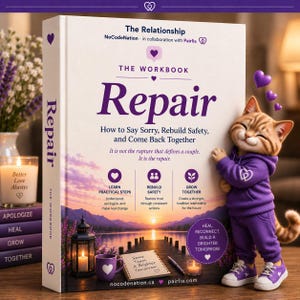 Può includere: Un libro con copertina rigida intitolato The Relationship Repair Workbook con una copertina viola e bianca che mostra un paesaggio al tramonto, una lanterna e un taccuino. Un gatto tigrato arancione con felpa viola è accanto al libro.