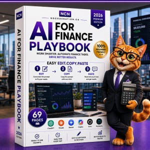 Può includere: Un libro bianco intitolato AI FOR FINANCE PLAYBOOK 2026 PREMIUM EDITION con un gatto tigrato arancione in stile cartoon, con abito nero e occhiali, che tiene una calcolatrice. La copertina mostra un portatile con grafici finanziari.